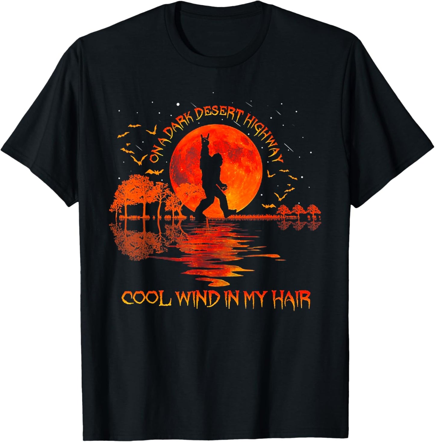 Bigfoot On A Dark Desert Highway Hand Rock And Roll T-Shirt - T-Shirt | Black