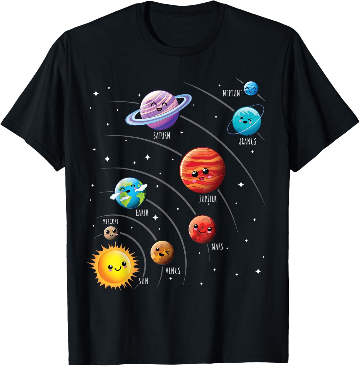 Kids Colorful Solar System Cute Anime Planets Space T-Shirt - T-Shirt | Black