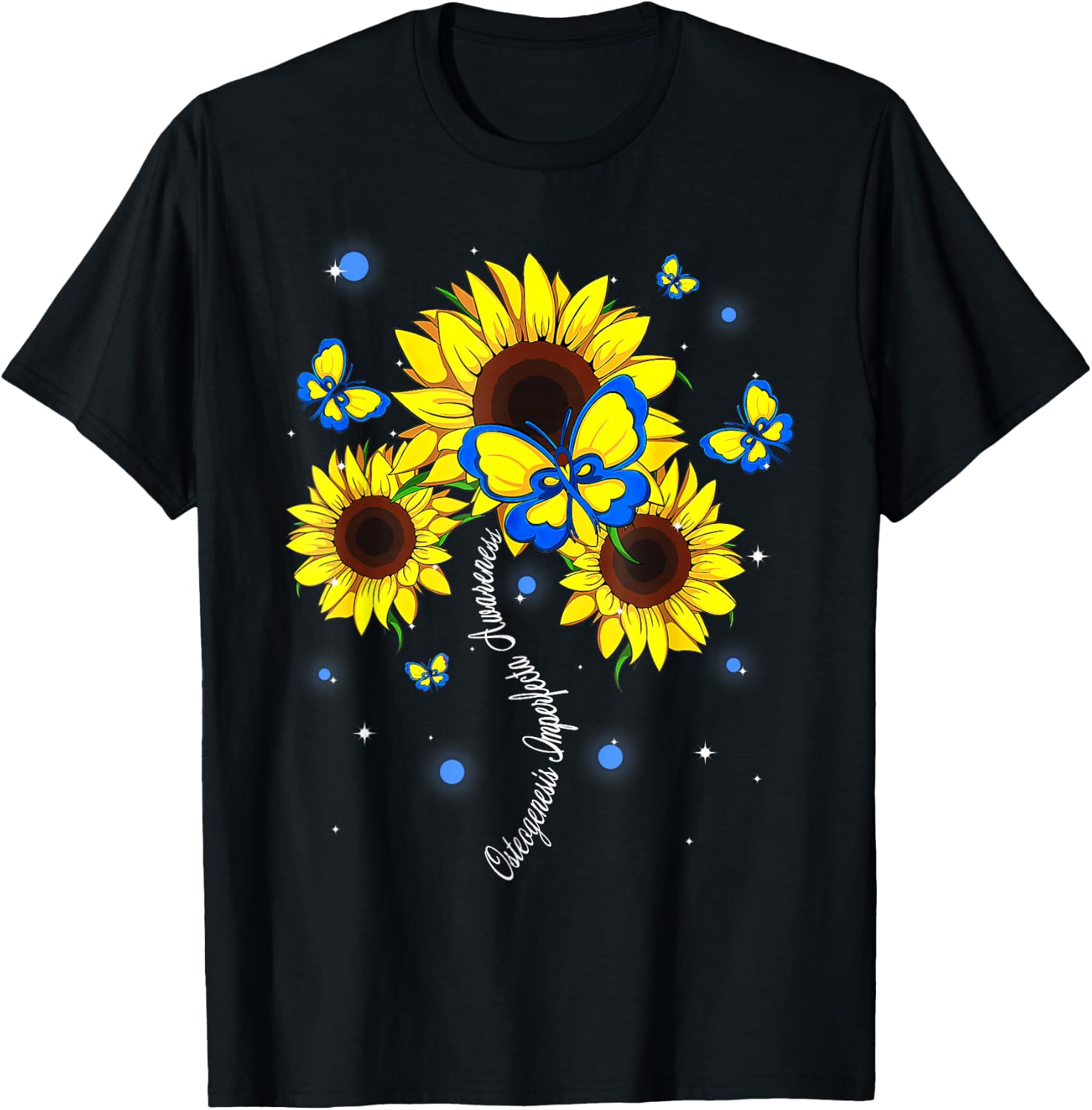 Osteogenesis Imperfecta Awareness Sunflower Butterfly Ribbon T-Shirt - T-Shirt | Black