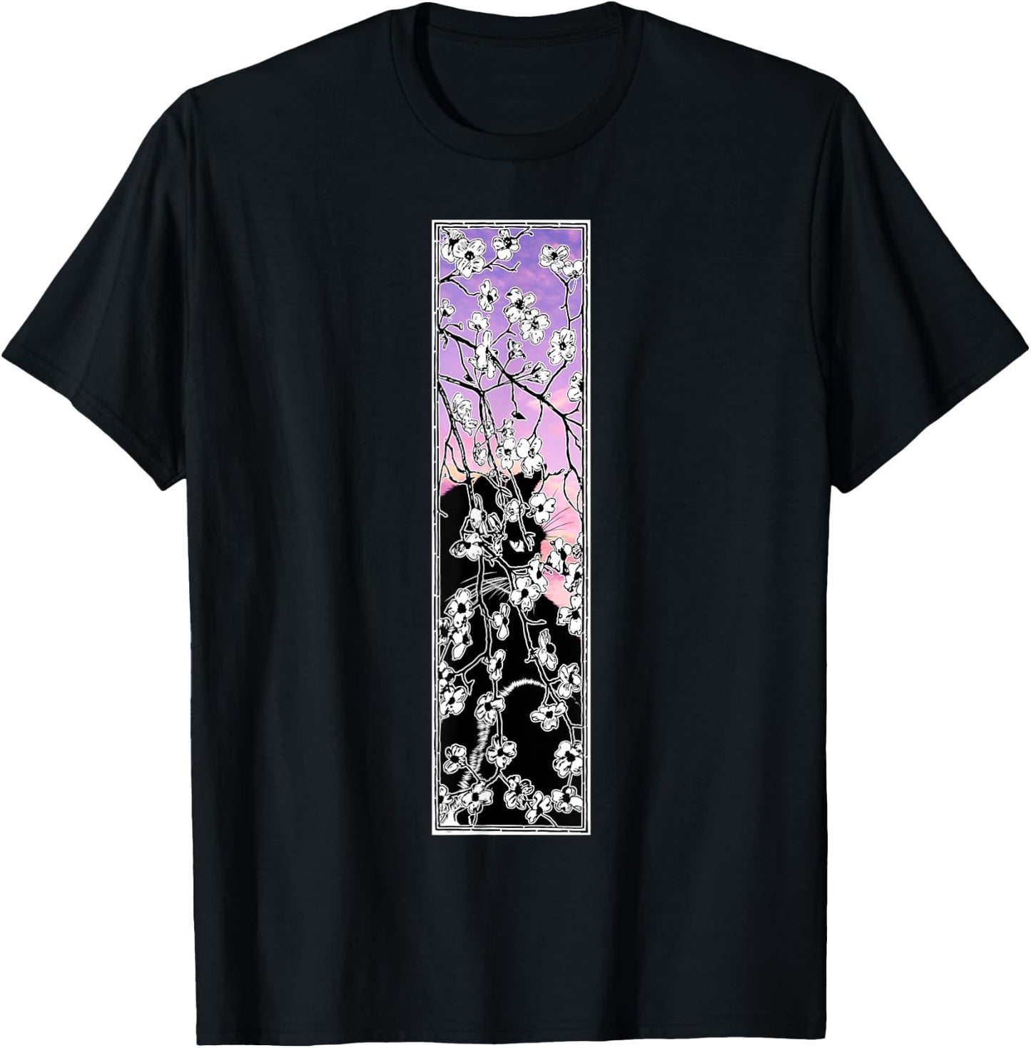 Cherry Blossom flowers pattern Cat Black Pink Sky Sunset T-Shirt - T-Shirt | Black