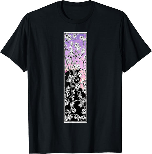 Cherry Blossom flowers pattern Cat Black Pink Sky Sunset T-Shirt - T-Shirt | Black