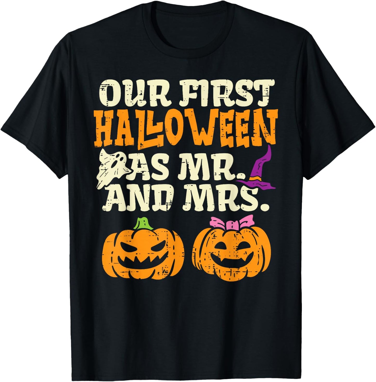 Our First Halloween As Mr And Mrs Halloween Couples Engaged T-Shirt - T-Shirt | Black