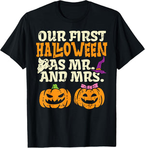 Our First Halloween As Mr And Mrs Halloween Couples Engaged T-Shirt - T-Shirt | Black