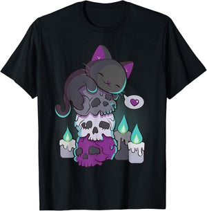 Asexual Pride Cute Black Cat on Skulls Kawaii Goth Aesthetic T-Shirt - T-Shirt | Black