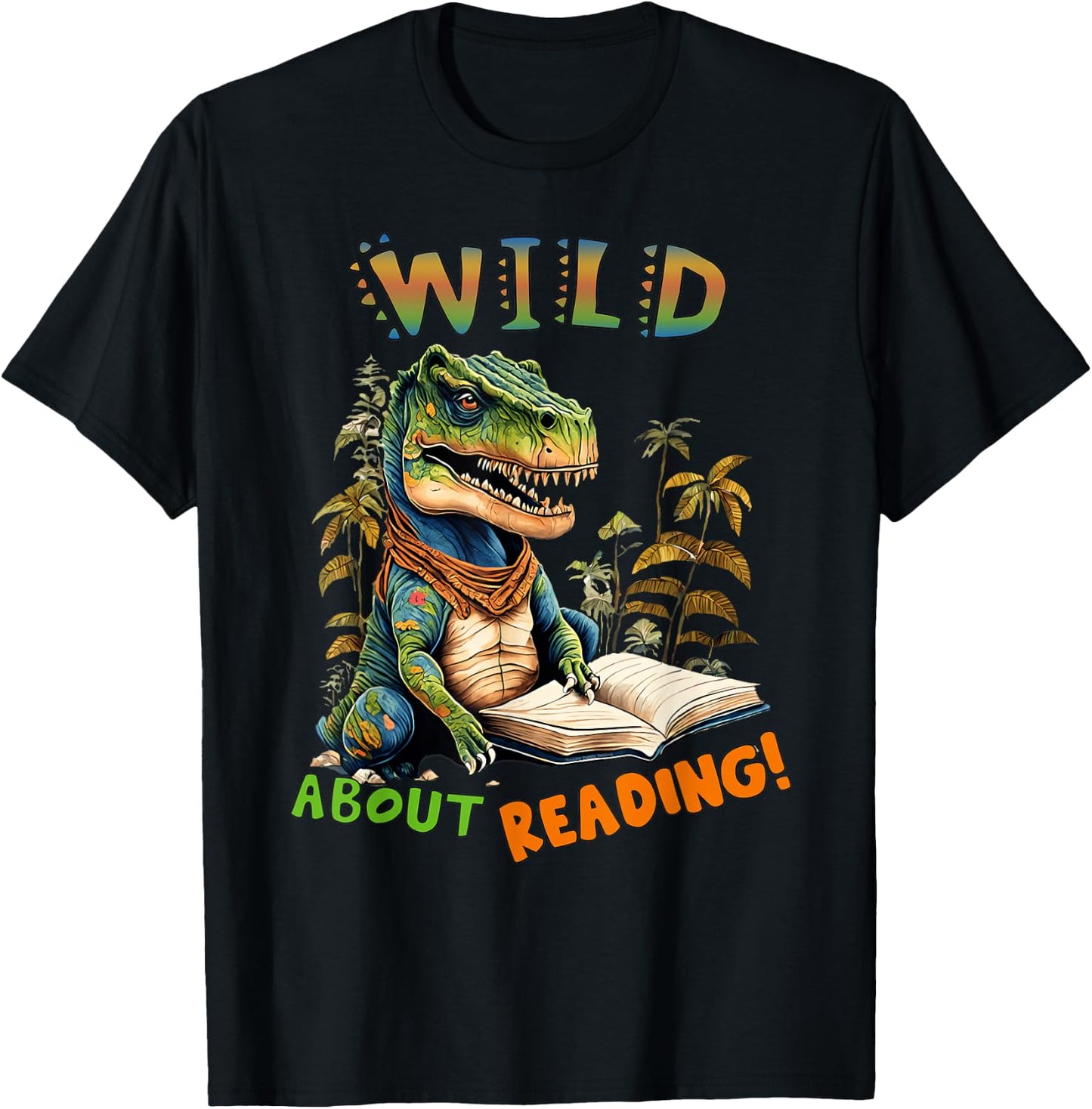 Librarian Teacher Kids Wild About Reading Dinosaur Reading T-Shirt - T-Shirt | Black