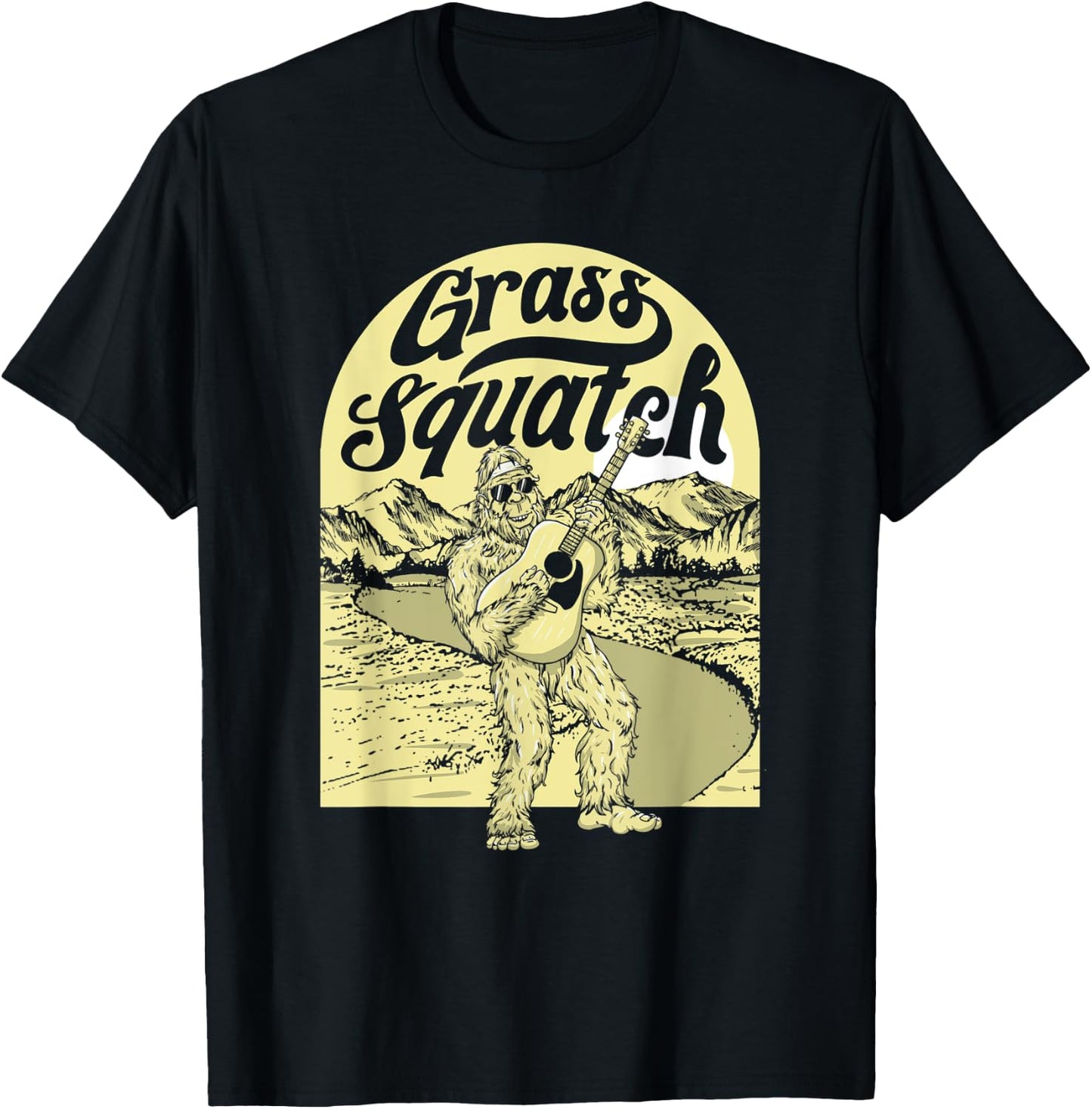 Grass Squatch Funny Acoustic Guitar Bigfoot Bluegrass T-Shirt - T-Shirt | Black