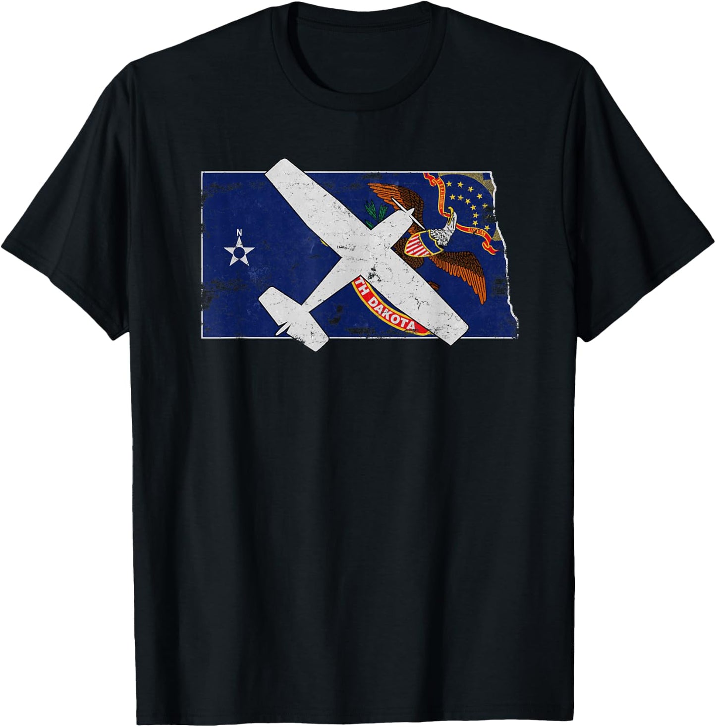 North Dakota Pilot State Flag C172 Skyhawk Airplane Vintage T-Shirt - T-Shirt | Black
