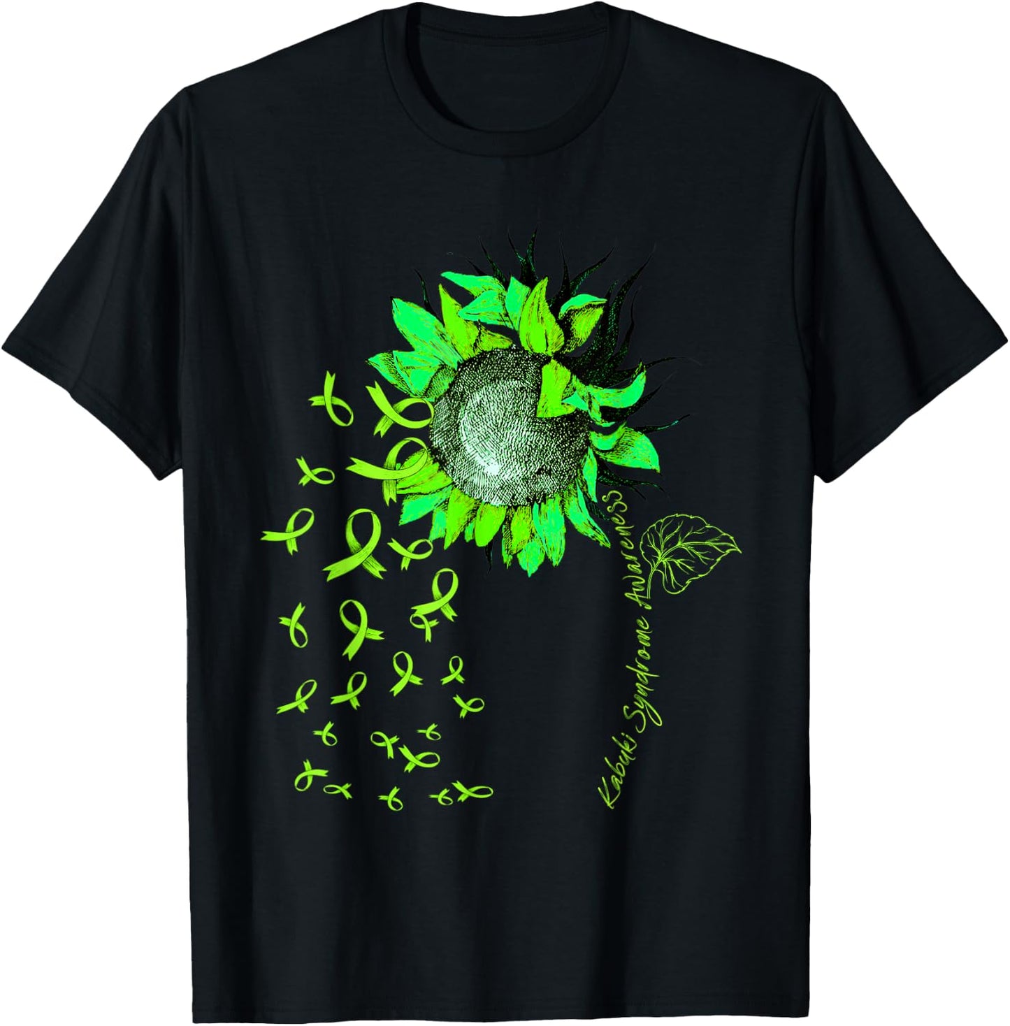 KABUKI SYNDROME AWARENESS Sunflower Lime Ribbon T-Shirt - T-Shirt | Black