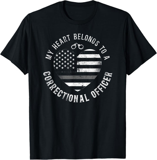 Correctional Officer Girlfriend Wife Heart American Flag T-Shirt - T-Shirt | Black