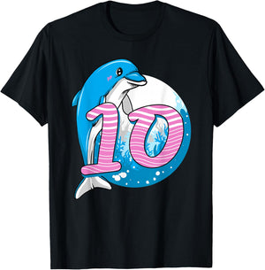 10 Year Dolphin Birthday for 10th Birthday Dolphin Girl T-Shirt - T-Shirt | Black
