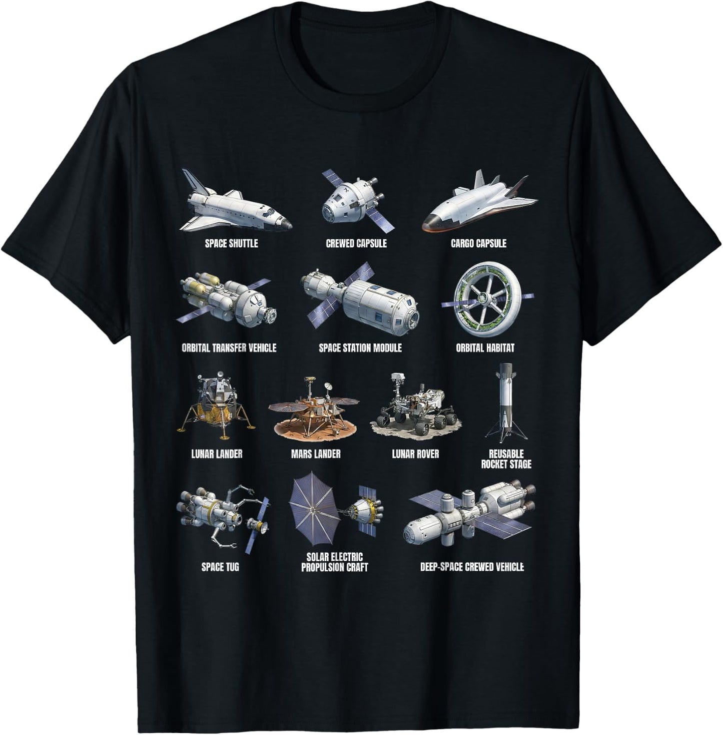 Types of Spacecraft Space Exploration Astronomy Science T-Shirt - T-Shirt | Black
