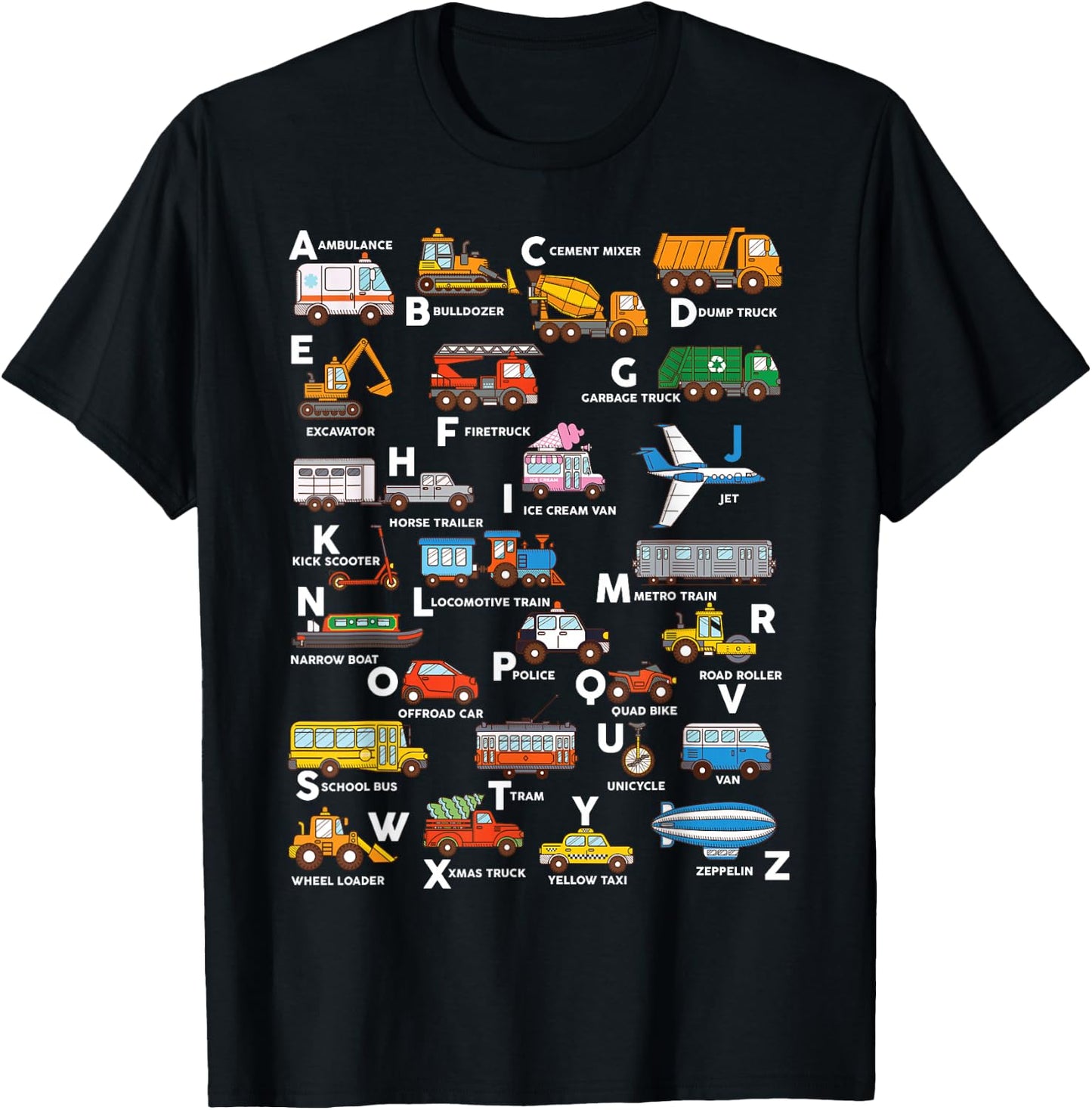 Alphabet Vehicles ABCs Learning Teachers Kids Boys Girls T-Shirt - T-Shirt | Black