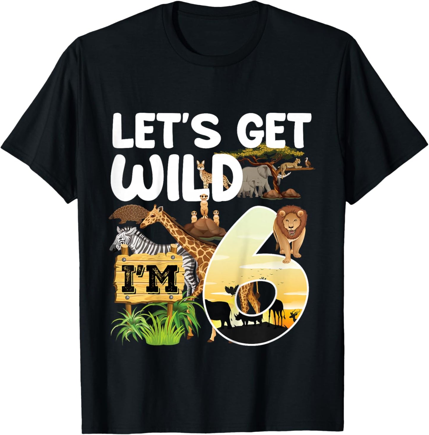Kids 6 Year Old Zoo Birthday Safari Jungle Animal 6th B-Day T-Shirt - T-Shirt | Black