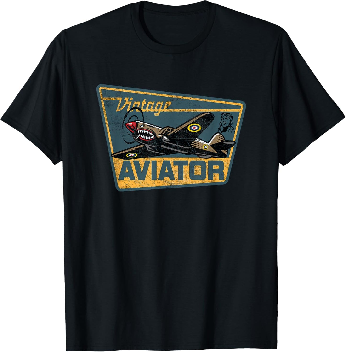 WW2 Vintage Aviator Airplane Aircraft Pilot P40 Warhawk Gift T-Shirt - T-Shirt | Black