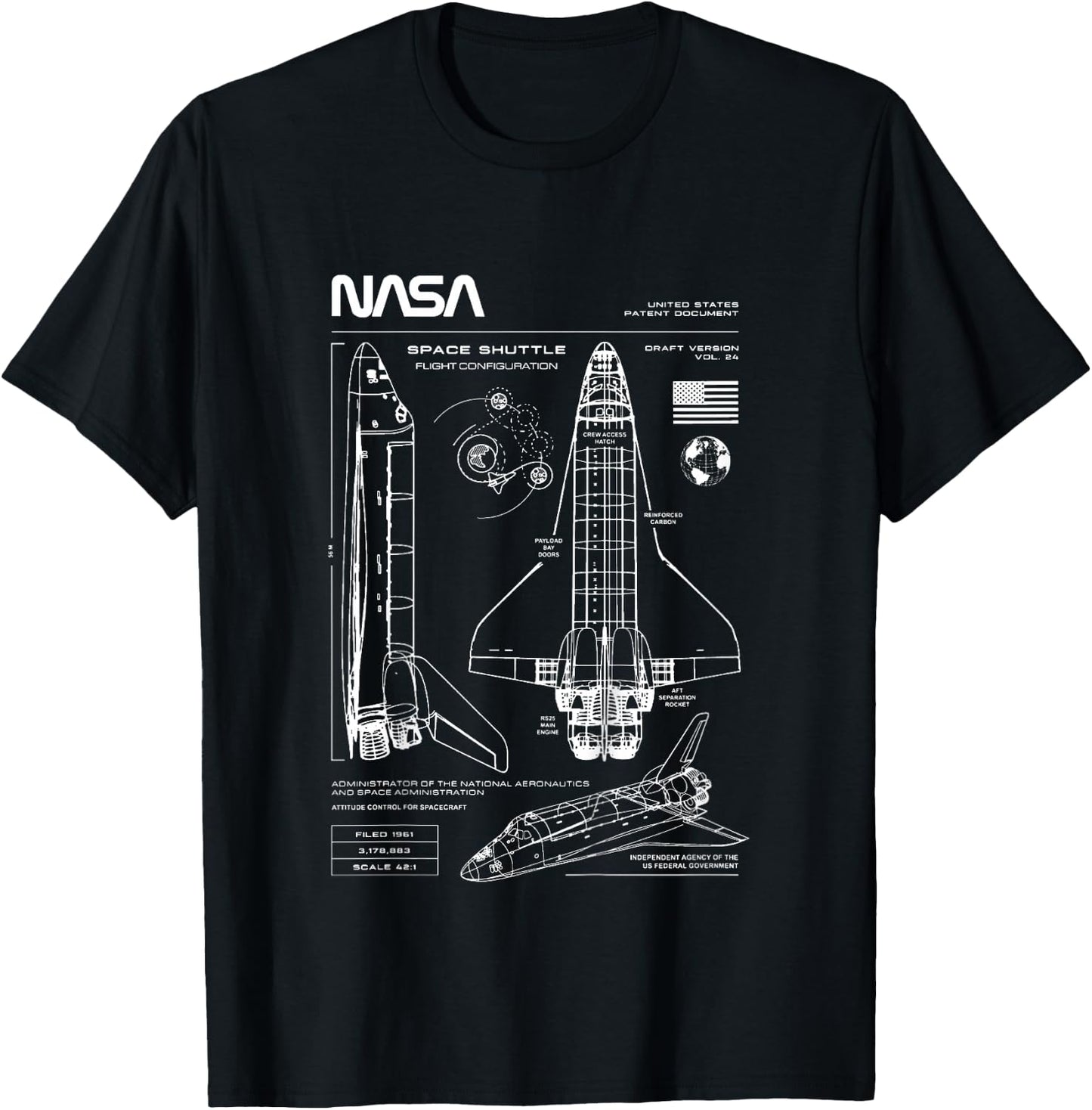 NASA Space Shuttle Technical Blueprint Kids T-Shirt - T-Shirt | Black