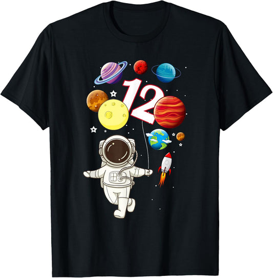 Funny 12 Years Old 12th Birthday Little Astronaut Boys Kids T-Shirt - T-Shirt | Black