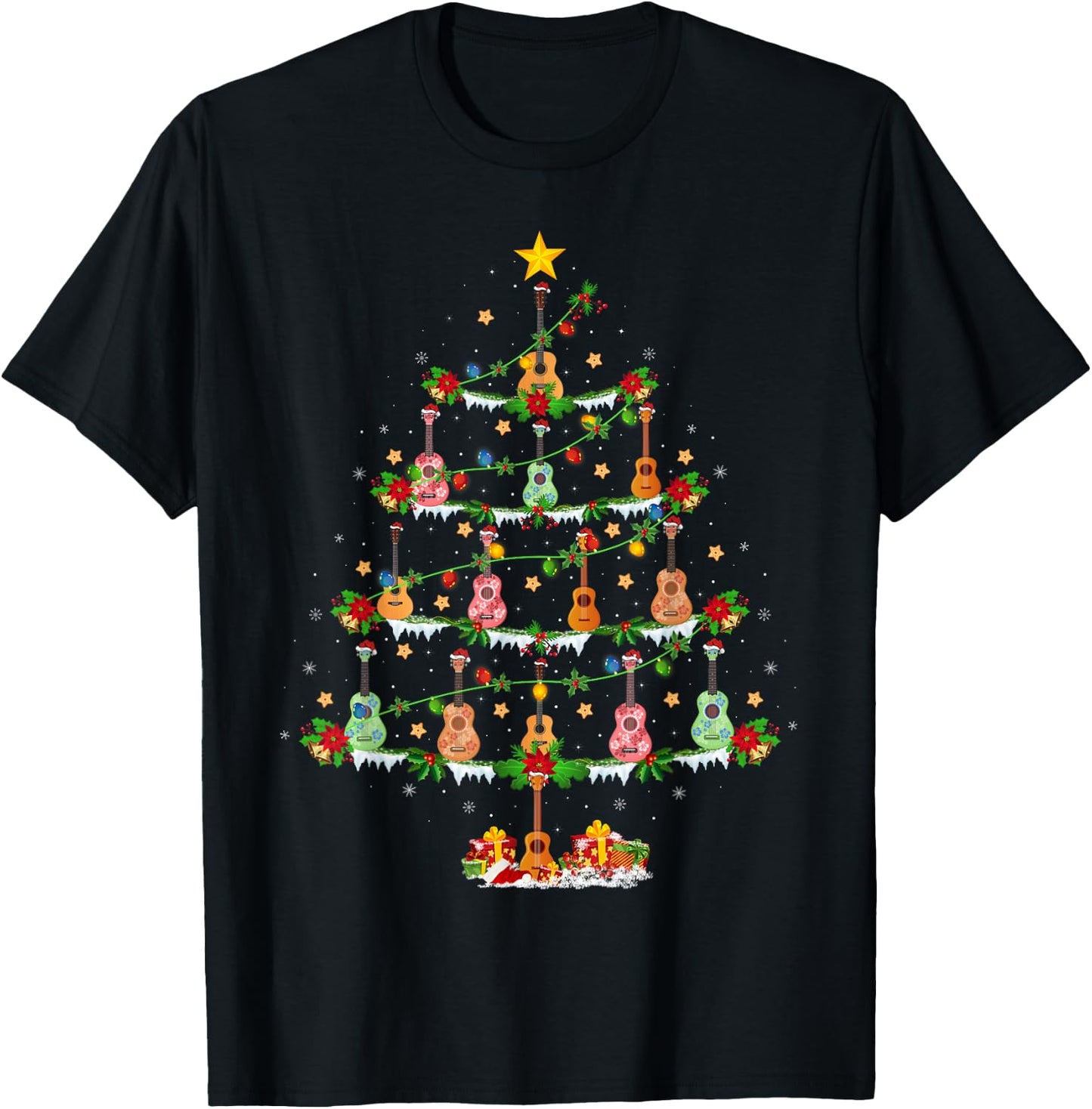 Ukulele Music Lover Christmas Lighting Ukulele Xmas Tree T-Shirt - T-Shirt | Black