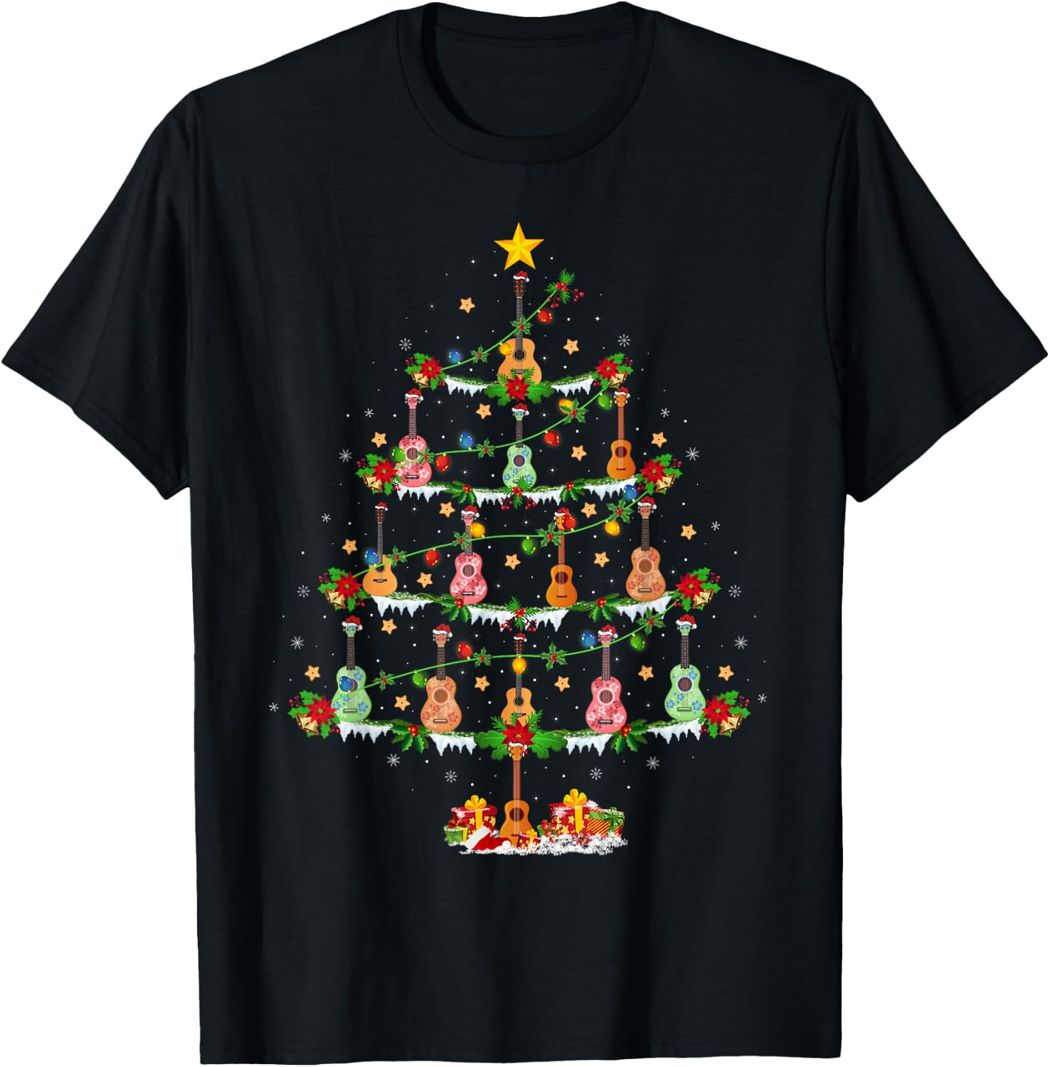 Ukulele Music Lover Christmas Lighting Ukulele Xmas Tree T-Shirt - T-Shirt | Black