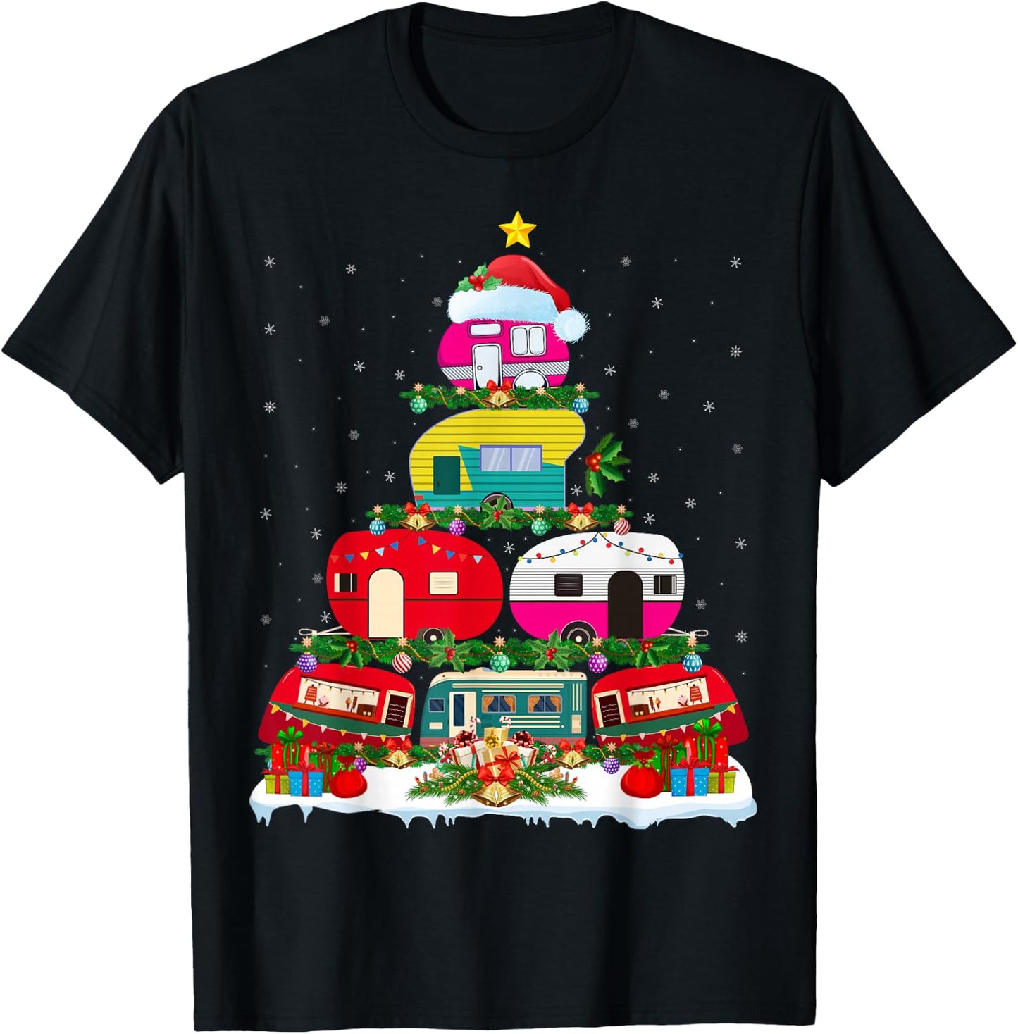 Funny Xmas Lighting Santa Camping RV Christmas Tree T-Shirt - T-Shirt | Black