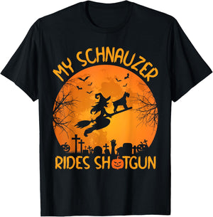 Funny My Schnauzer Rides Shotgun Witch Halloween T-Shirt - T-Shirt | Black