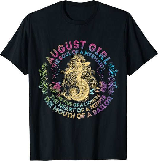 August Girl The Soul Of A Mermaid Birthday Hippie Soul T-Shirt - T-Shirt | Black