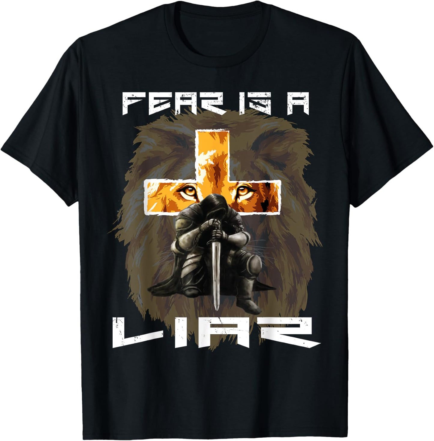 Fear Is a Liar Lion Judah Christian Religious Cross Graphic T-Shirt - T-Shirt | Black
