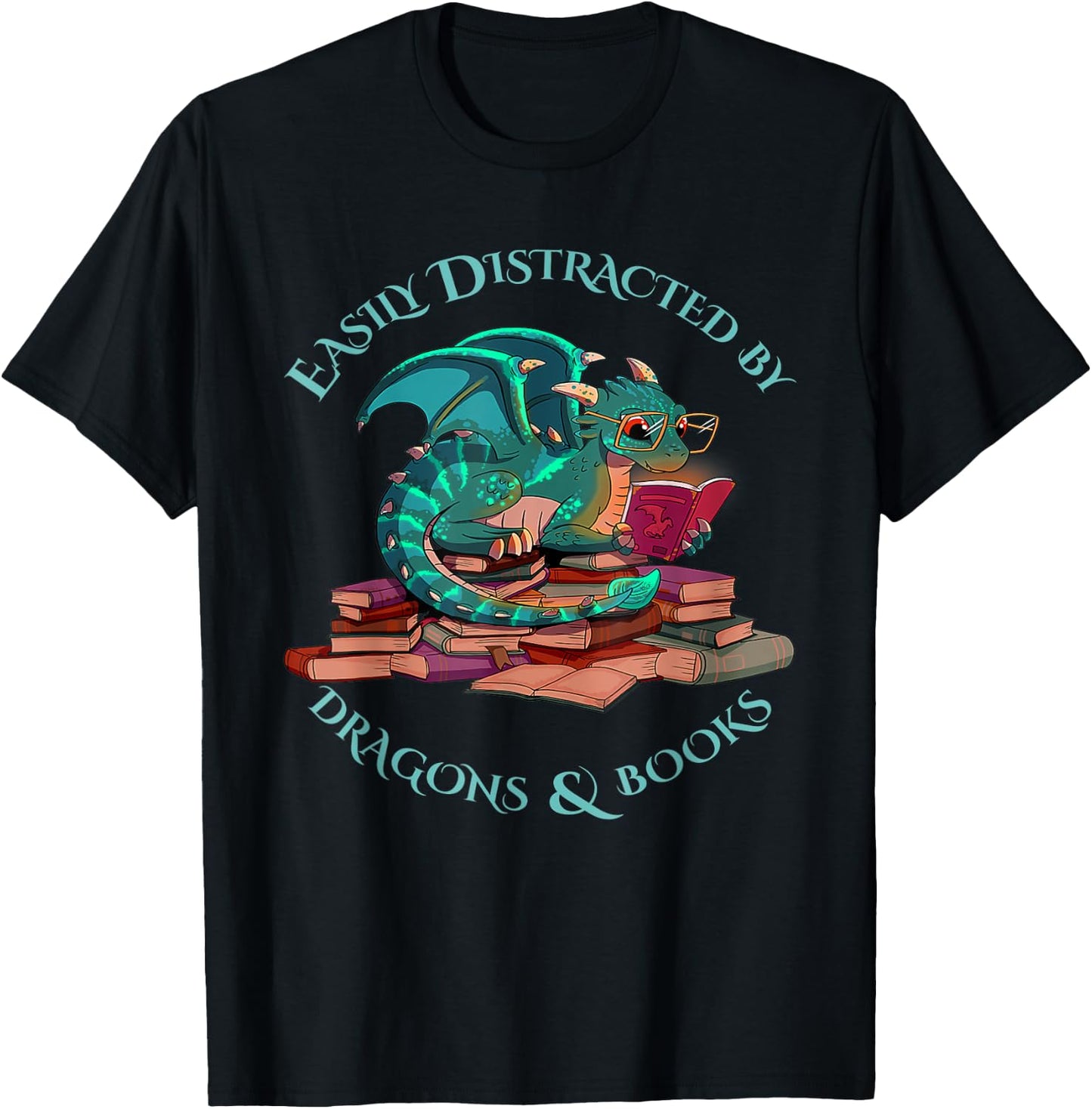 Cute Dragon Book - Easily Distracted By Dragons And Books T-Shirt - T-Shirt | Black