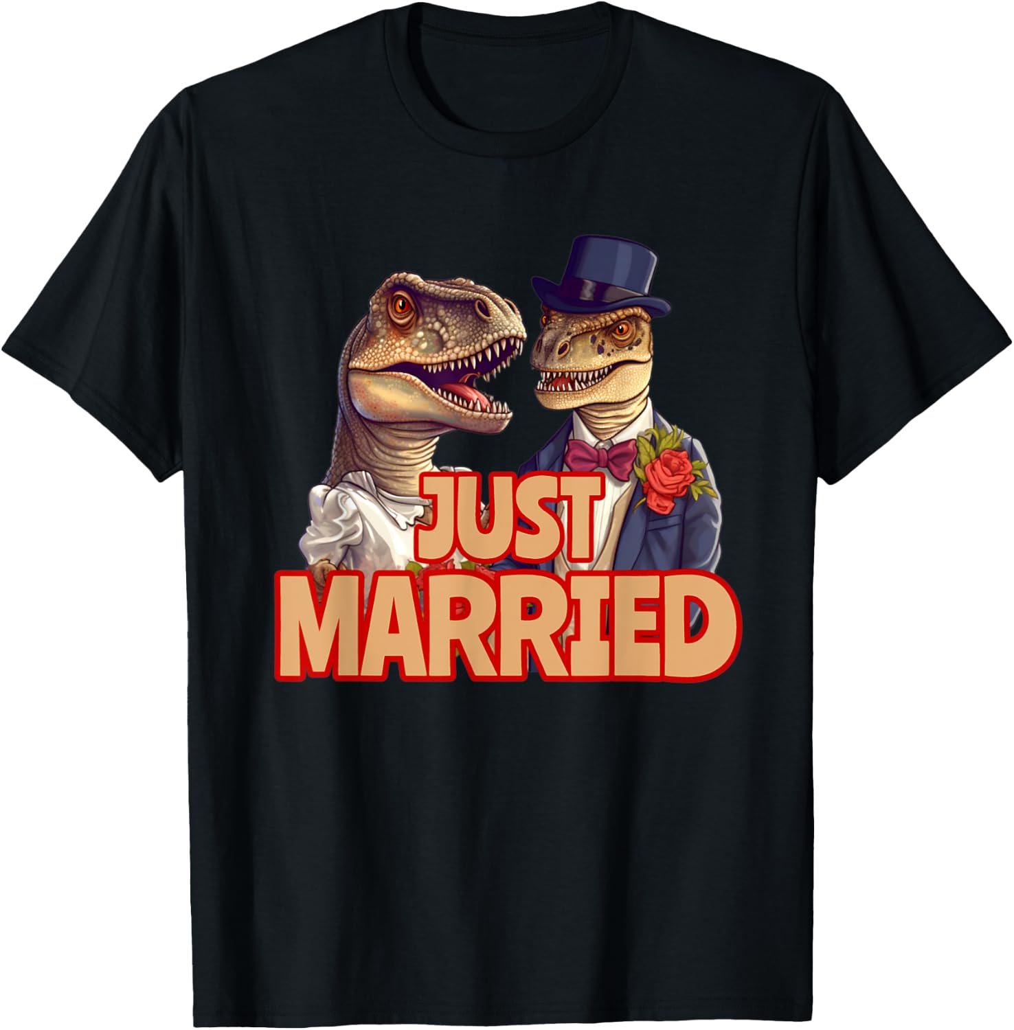 Funny Just Married Tyrannosaurus Rex T-Rex Wedding Dinosaurs T-Shirt - T-Shirt | Black