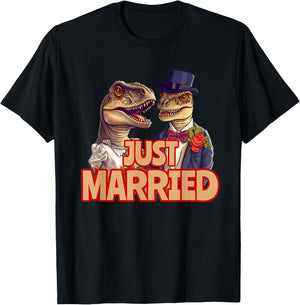 Funny Just Married Tyrannosaurus Rex T-Rex Wedding Dinosaurs T-Shirt - T-Shirt | Black