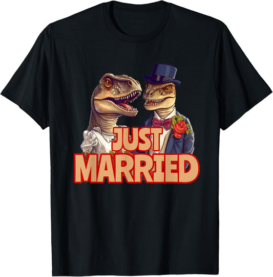 Funny Just Married Tyrannosaurus Rex T-Rex Wedding Dinosaurs T-Shirt - T-Shirt | Black
