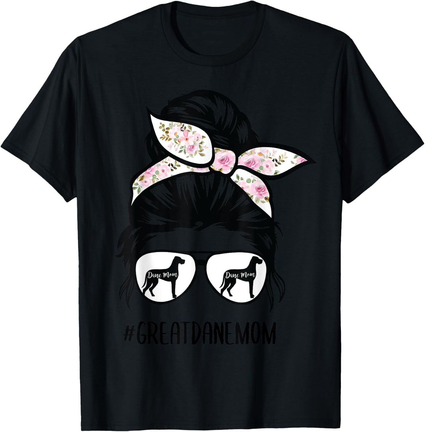 Great Dane Mom messy bun hair glasses T-Shirt - T-Shirt | Black