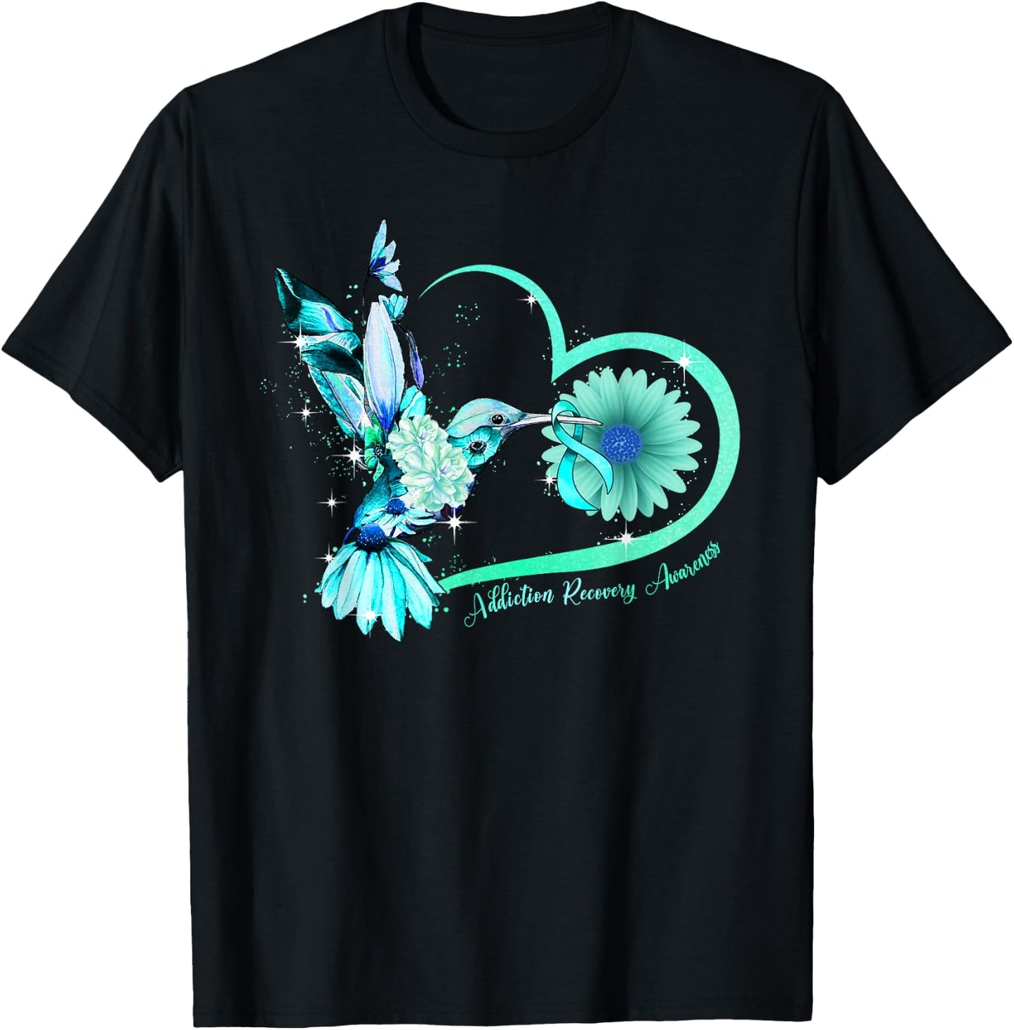 Hummingbird Sunflower Heart Teal Ribbon Addiction Recovery T-Shirt - T-Shirt | Black