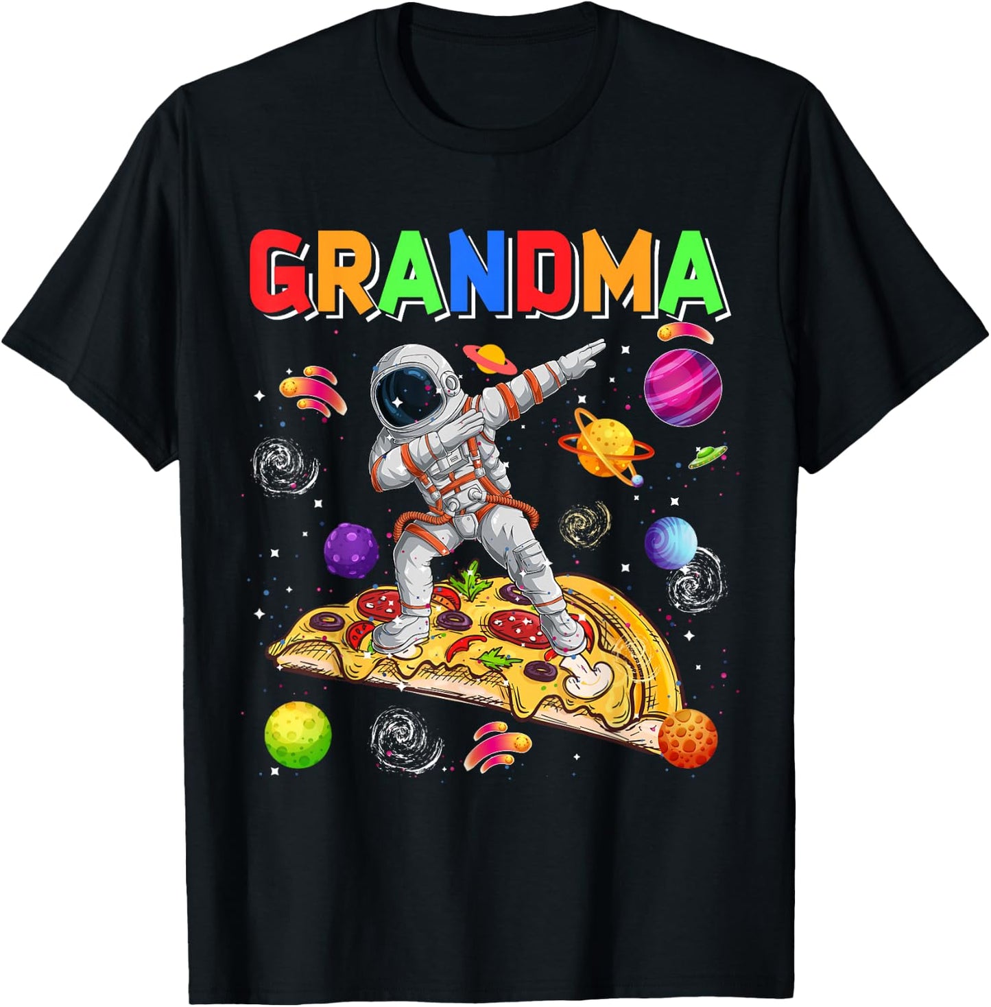 Grandma Dabbing Astronaut Riding Pizza Cute Planets Space T-Shirt - T-Shirt | Black