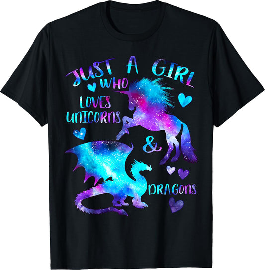 Just a Girl Who Loves Dragons and Unicorns Fantasy Themed T-Shirt - T-Shirt | Black