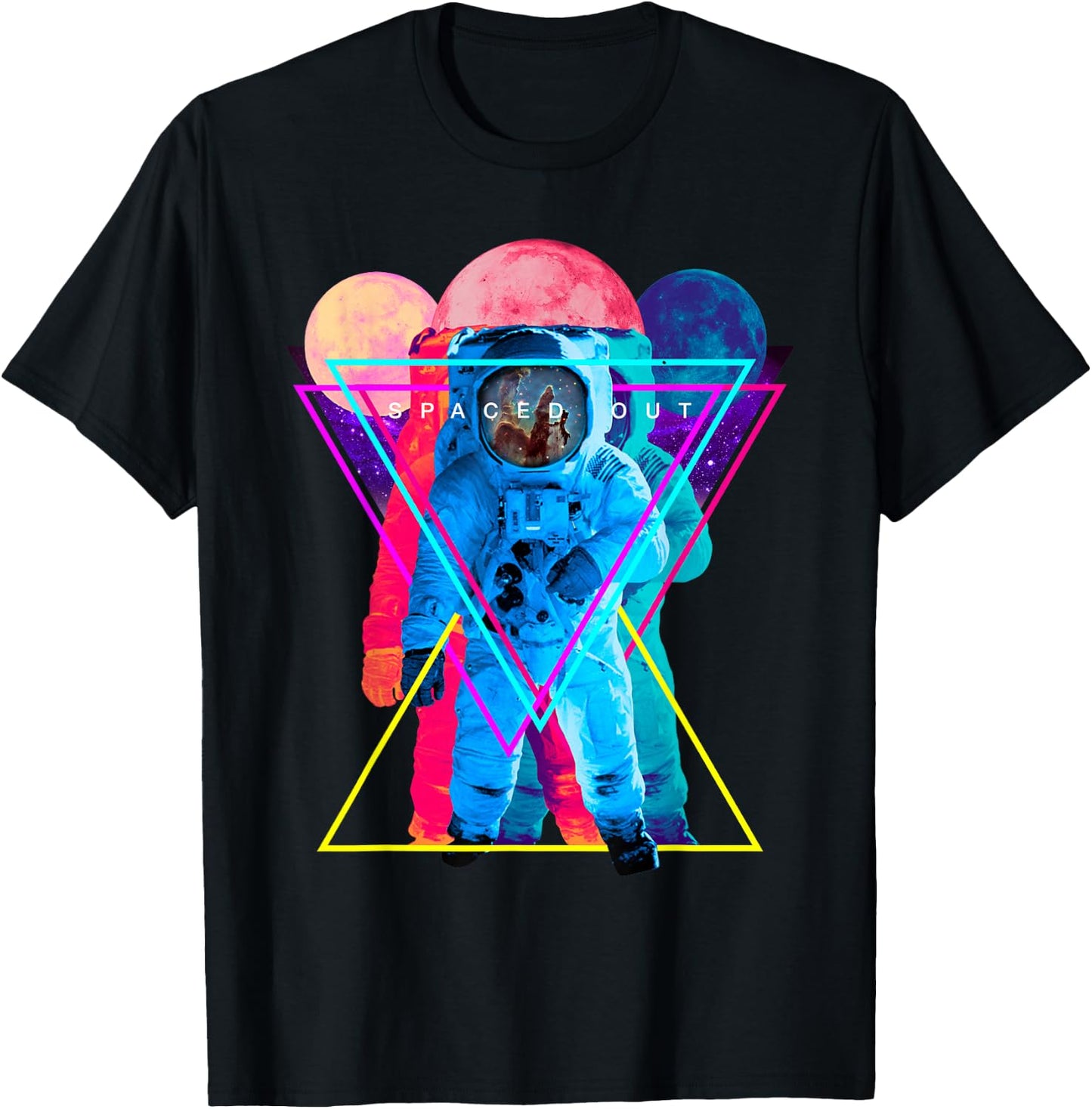 Spaced Out Triple Astronaut & Outer Space Art T-Shirt - T-Shirt | Black