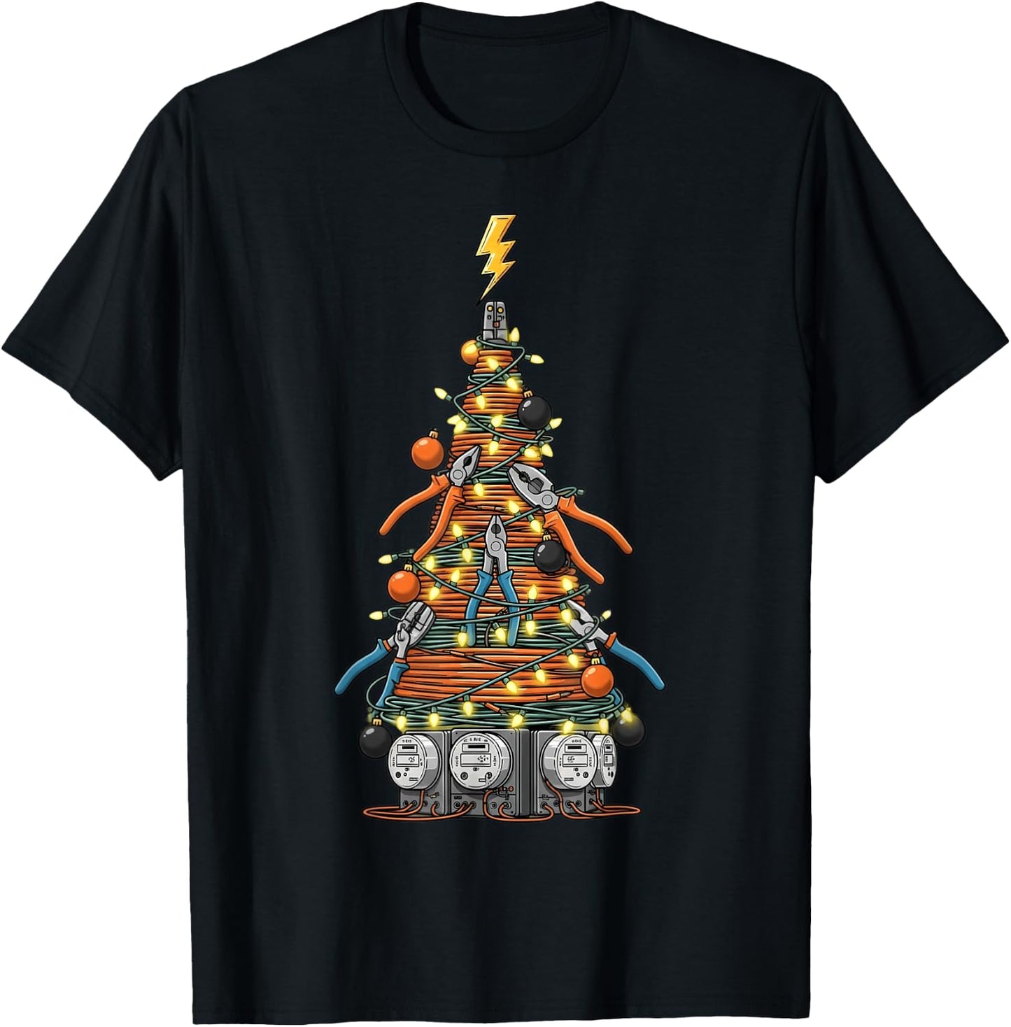 Funny Electrician Christmas Tree Xmas Graphic Men Women T-Shirt - T-Shirt | Black
