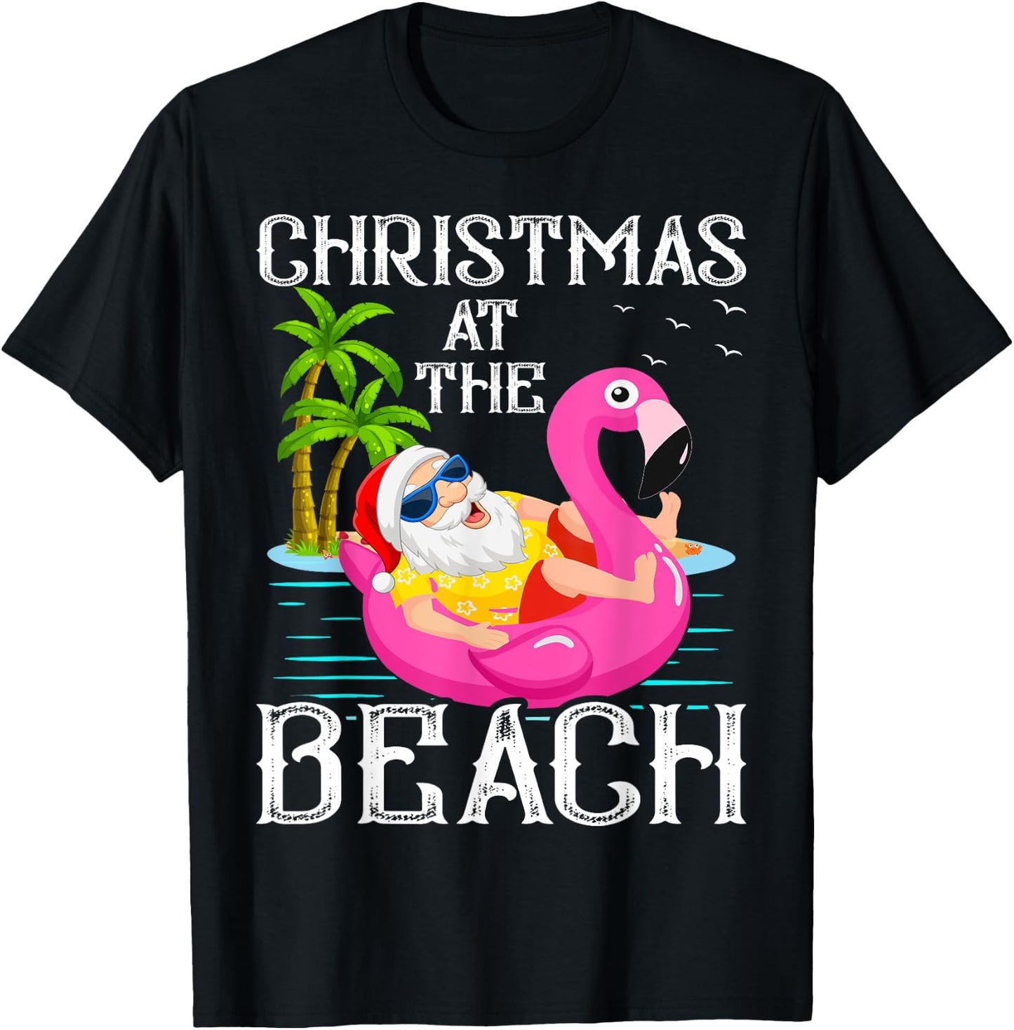 Funny Flamingo Float Santa Claus Christmas At The Beach Women Kids T-Shirt - T-Shirt | Black