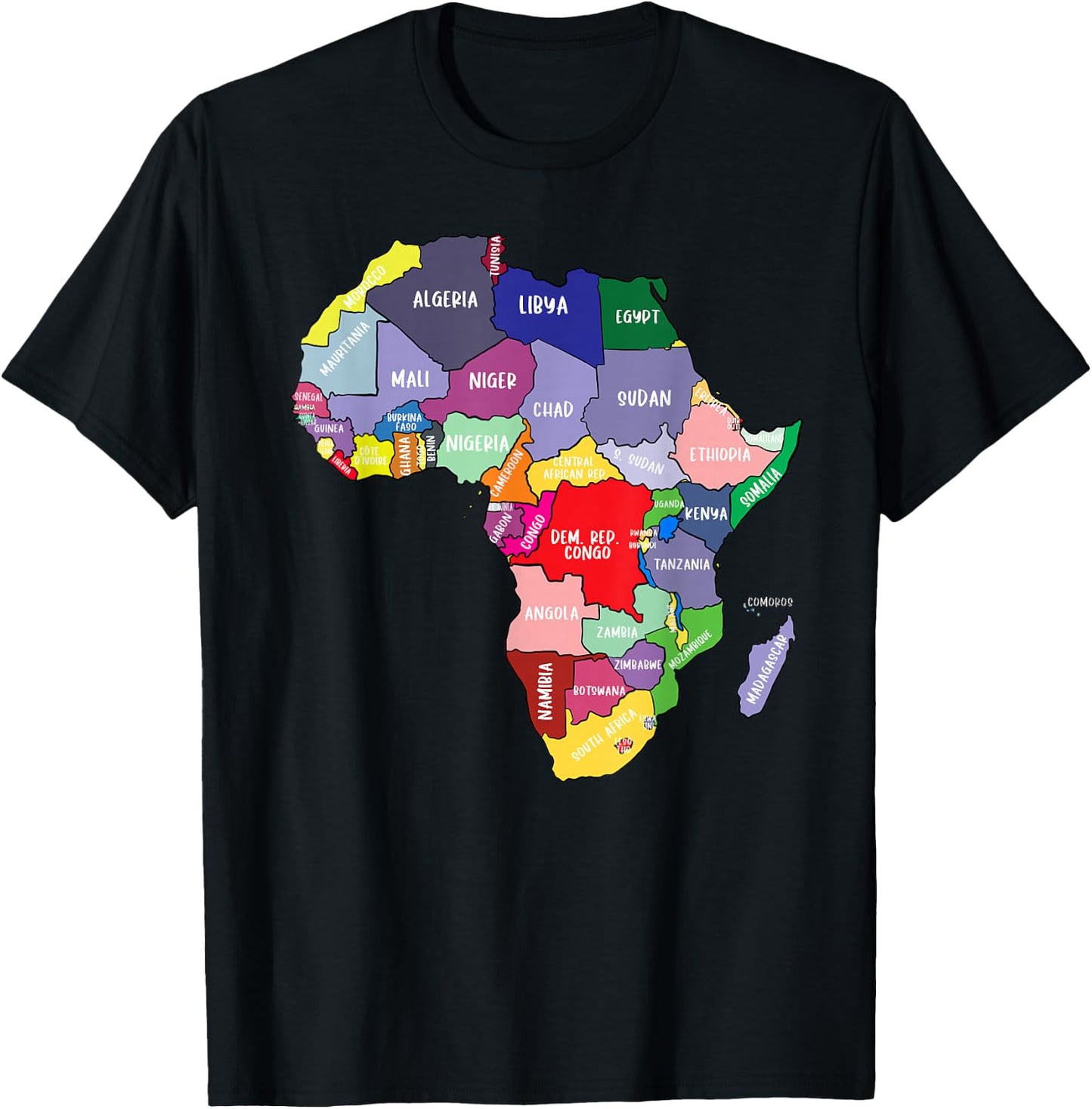 Colourful Africa Map with Country Names, African Continent T-Shirt - T-Shirt | Black