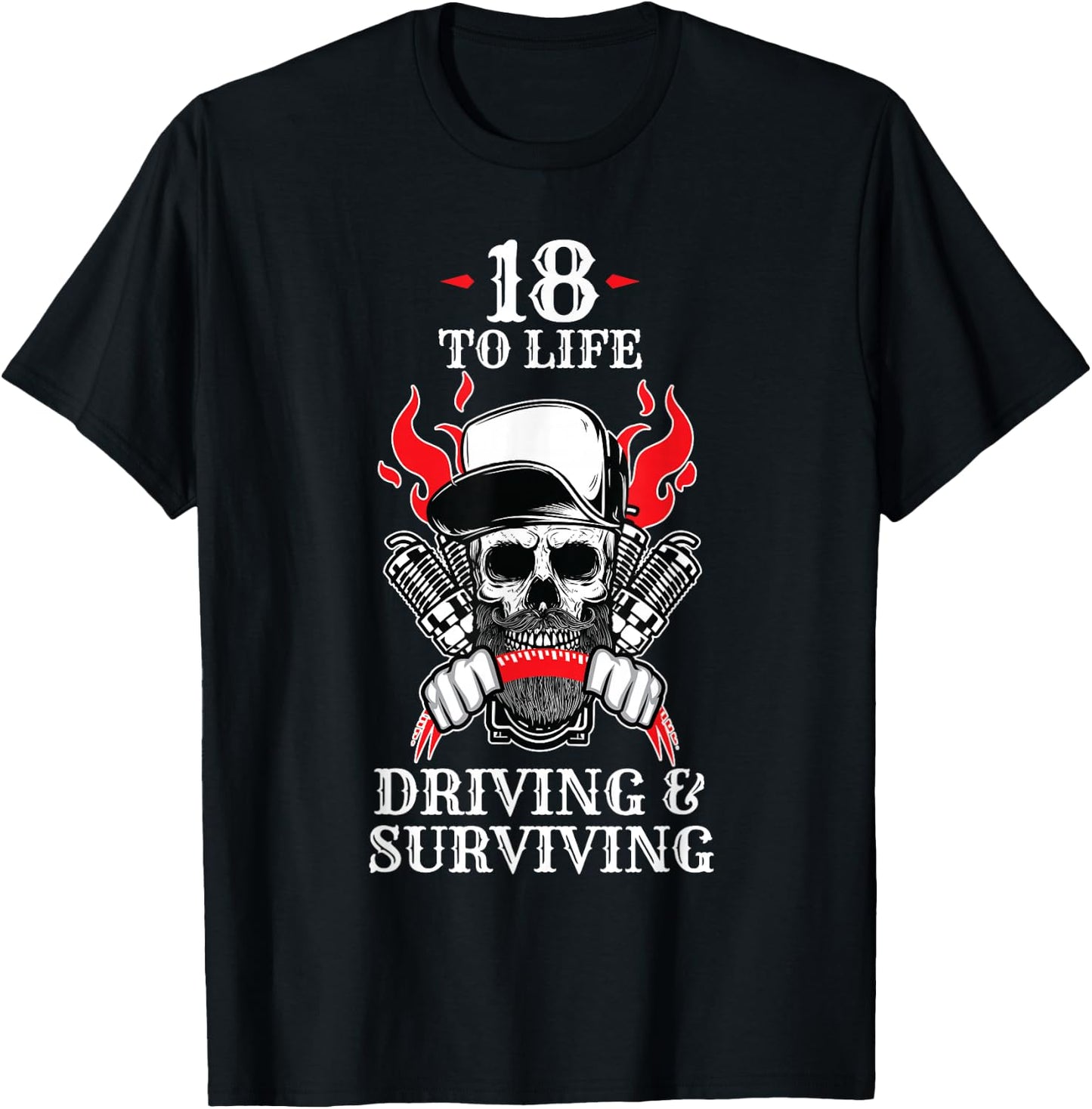 18 to Life Trucker T Shirt | Skull Flames Truck Driver Shirt T-Shirt - T-Shirt | Black