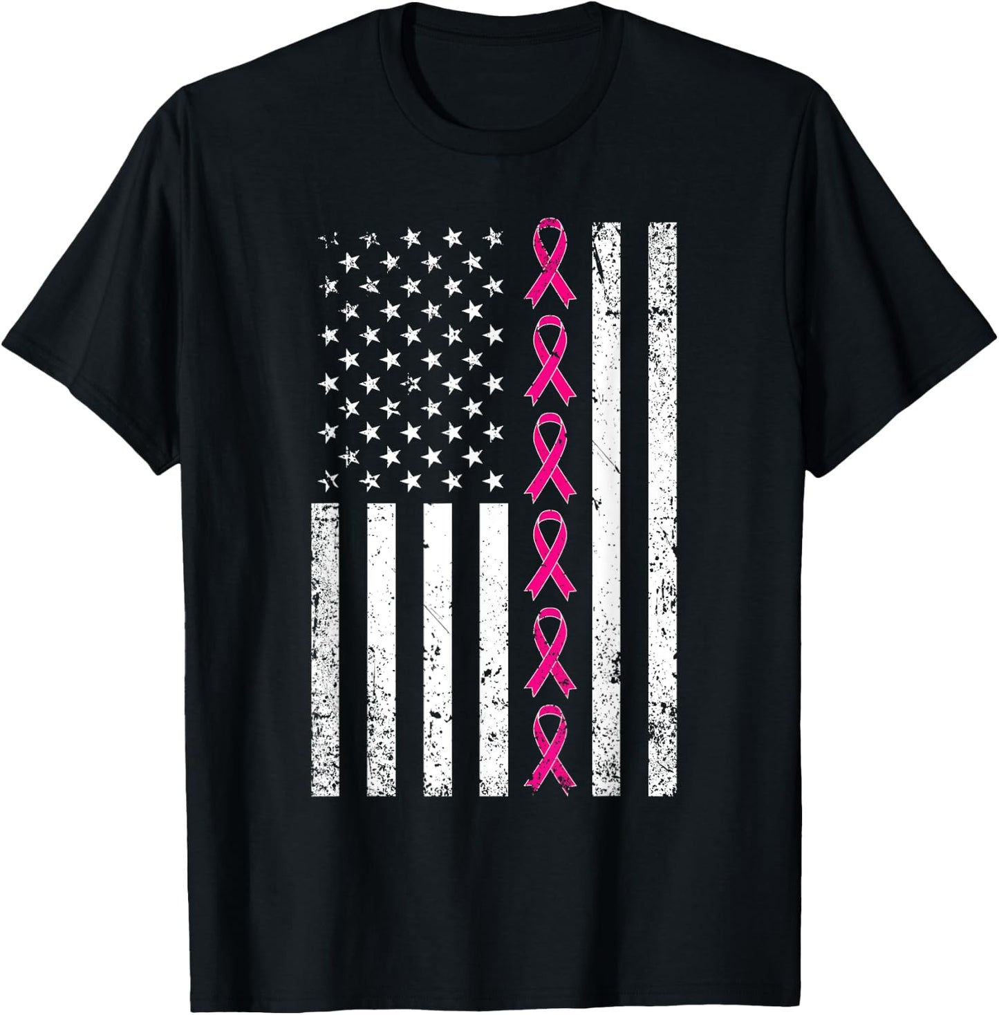 Breast Cancer Shirt Women Men USA Flag Pink Ribbon T-Shirt - T-Shirt | Black