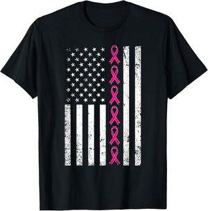 Breast Cancer Shirt Women Men USA Flag Pink Ribbon T-Shirt - T-Shirt | Black