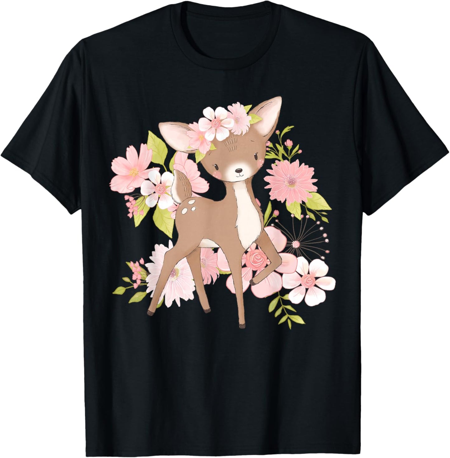 Adorable Floral Woodland Deer Harmony Cute Deer with Flowers and Blossoms - Black - - Kids - Short Sleeve - Modern - Animal Theme - All Seasons T-Shirt - T-Shirt | Black