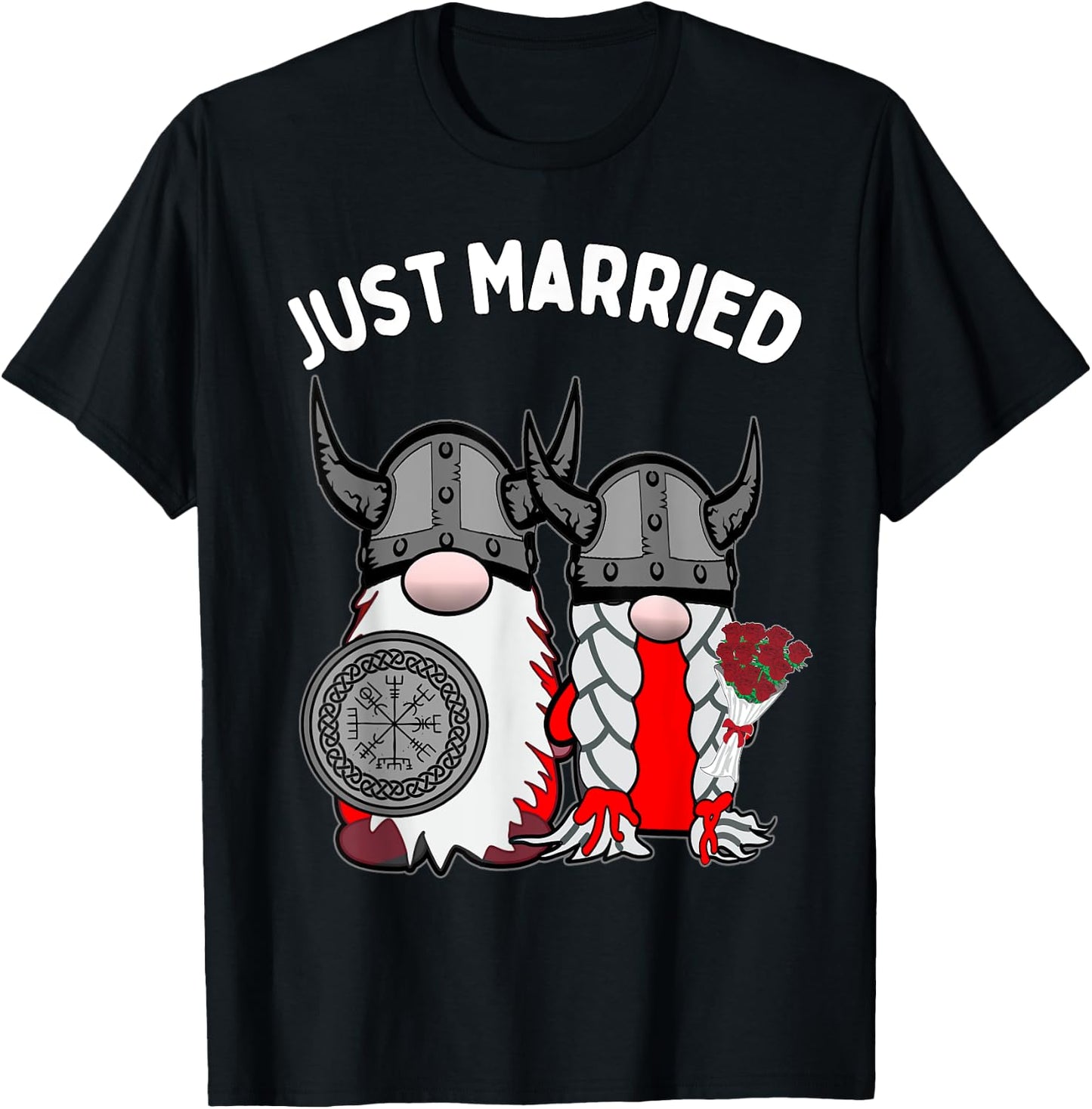 Just Married Nordic Gnome Viking Tomte Couple Wedding T-Shirt - T-Shirt | Black