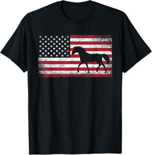 Horse Riding Cowboy Cowgirl 4th of July American Flag USA T-Shirt - T-Shirt | Black