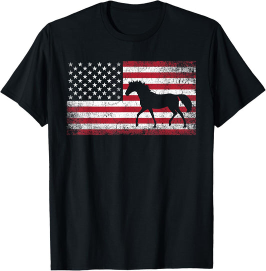 Horse Riding Cowboy Cowgirl 4th of July American Flag USA T-Shirt - T-Shirt | Black
