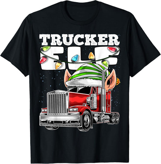 Trucker Elf Truck Driver Big Rig Funny Christmas Gift Men T-Shirt - T-Shirt | Black
