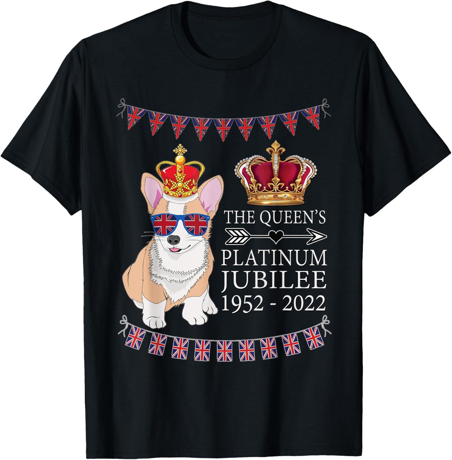 British Queen Platinum Jubilee Souvenir Union Jack Corgi T-Shirt - T-Shirt | Black