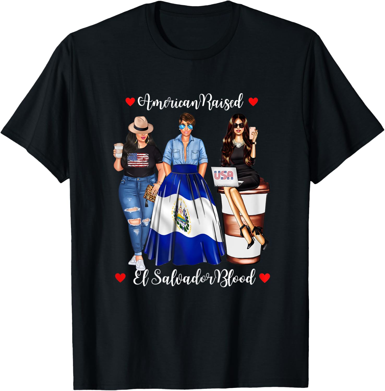 American Raised El Salvador Blood USA Flag San Salvadorian T-Shirt - T-Shirt | Black