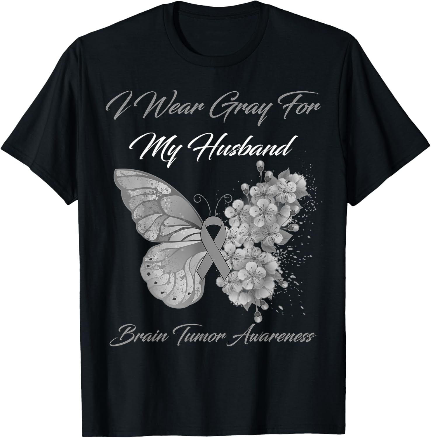 Butterfly I Wear Gray For My Husband Brain Tumor Awareness T-Shirt - T-Shirt | Black
