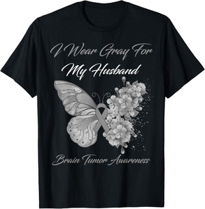 Butterfly I Wear Gray For My Husband Brain Tumor Awareness T-Shirt - T-Shirt | Black